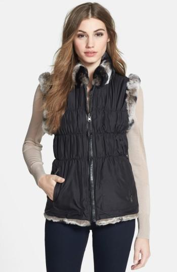 Women's Linda Richards Reversible Genuine Rabbit Fur & Ruched Silk Vest With Knit Back - Black