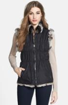 Women's Linda Richards Reversible Genuine Rabbit Fur & Ruched Silk Vest With Knit Back - Black