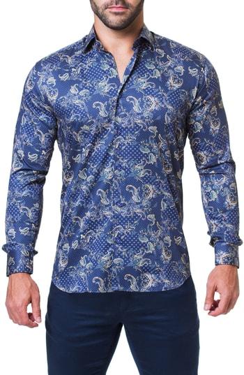 Men's Maceoo Fibonacci Victorian Paisley Print Trim Fit Sport Shirt (s) - Blue