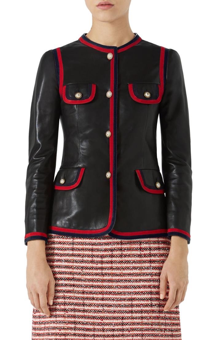 Women's Gucci Ribbon Trim Nappa Leather Jacket Us / 44 It - Black