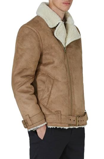 Men's Topman Borg Collar Faux Shearling Jacket - Brown