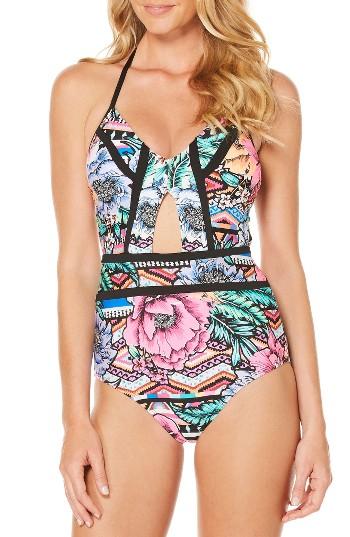 Women's Laundry By Shelli Segal Laguna Flora One-piece Swimsuit - Black