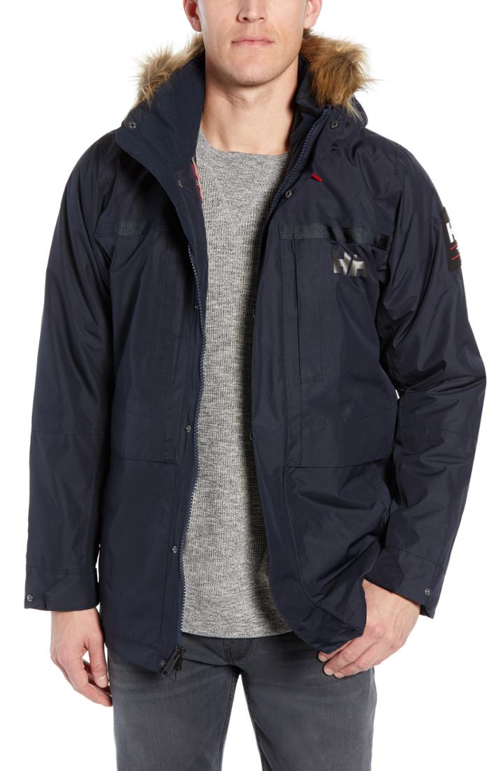 Men's Helly Hansen Coastal 2 Regular Fit Waterproof Parka With Faux Fur Trim - Blue