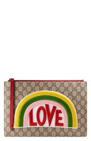 Gucci Embroidered Love Patch Gg Supreme Zip Pouch - Beige