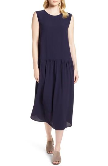 Women's Eileen Fisher Drop Waist Silk Midi Dress, Size - Blue