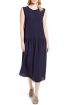 Women's Eileen Fisher Drop Waist Silk Midi Dress, Size - Blue