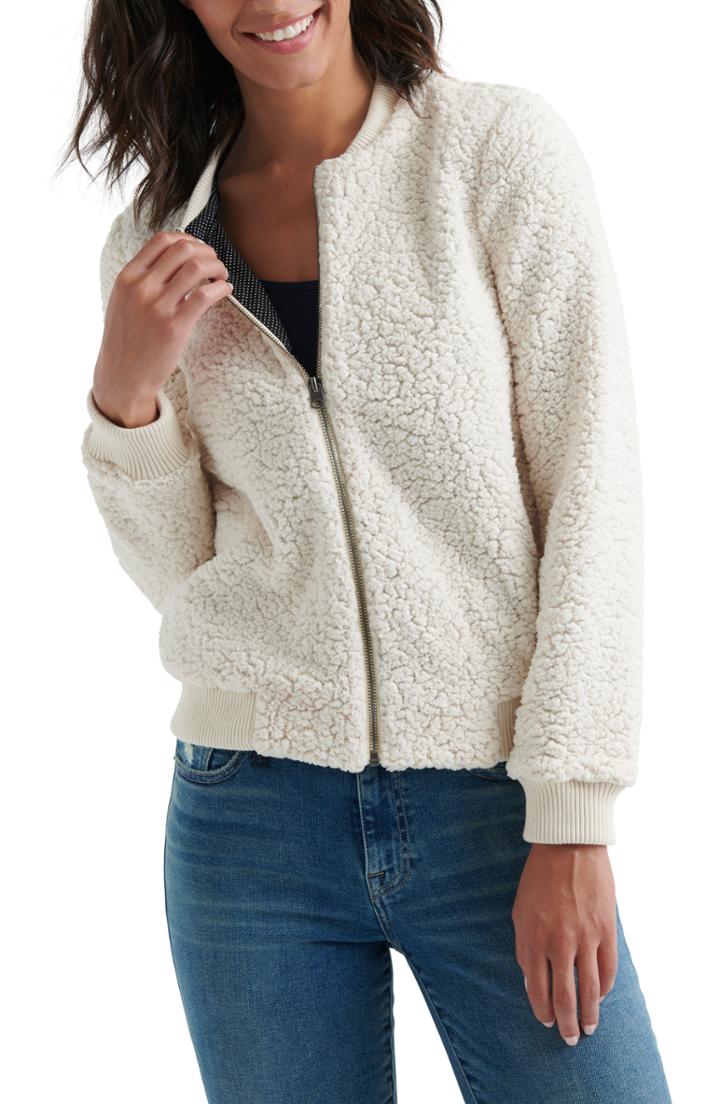 Women's Lucky Brand Anaelisa Fleece Bomber Jacket - White