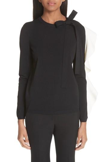Women's Valentino Bow & Contrast Ruffle Knit Top - Black