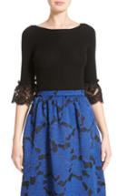 Women's Oscar De La Renta Lace Sleeve Wool Sweater - Black