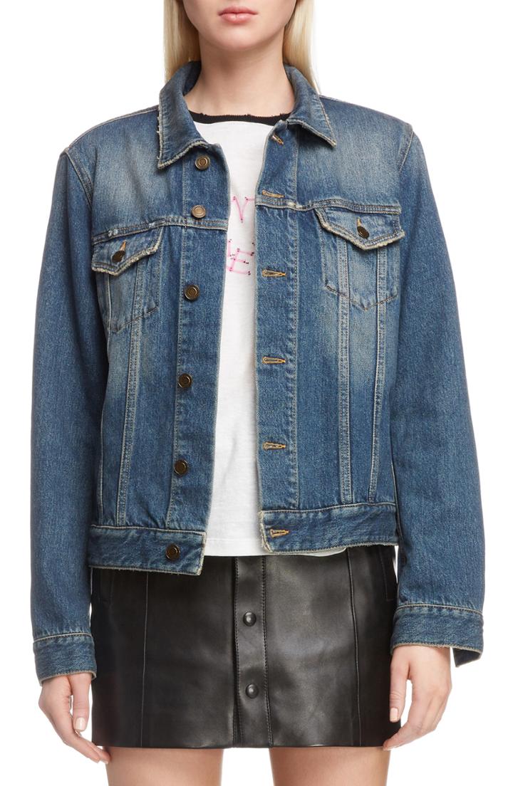 Women's Saint Laurent University Logo Denim Jacket - Blue