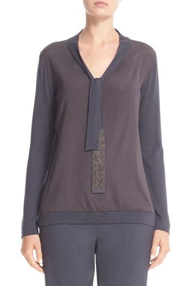 Women's Fabiana Filippi Crepe De Chine Front Tie Neck Sweater