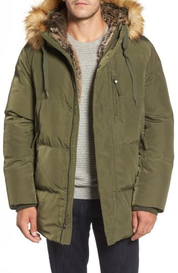 Men's Marc New York Quilted Down Parka With Faux Fur Trim - Green