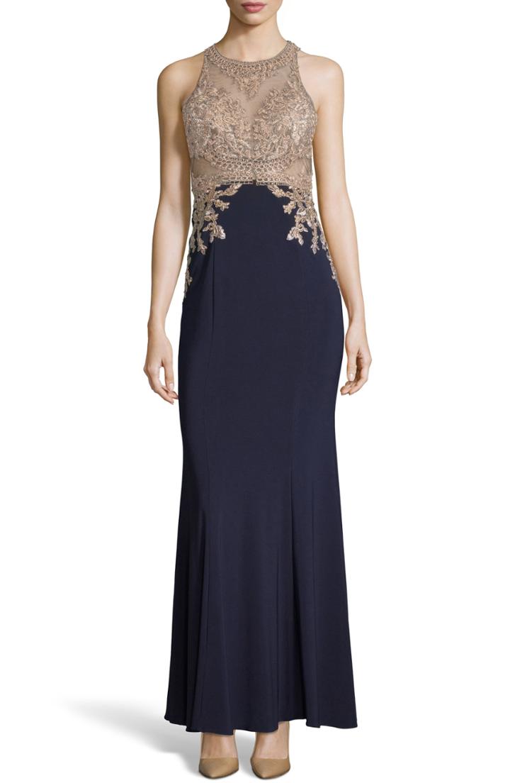 Women's Xscape High Neck Embroidered Bodice Evening Dress - Blue