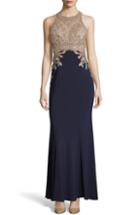 Women's Xscape High Neck Embroidered Bodice Evening Dress - Blue