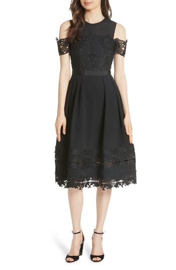 Women's Ted Baker London Structured Lace Cold Shoulder Midi Dress - Black