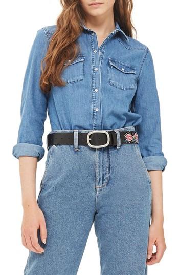Women's Topshop Gigi Fitted Denim Western Shirt Us (fits Like 0) - Blue