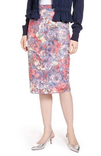 Women's Halogen Lace & Pinstripe Pencil Skirt - Coral