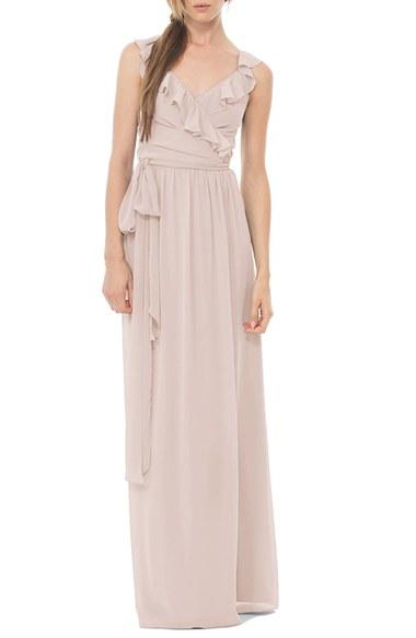Women's Ceremony By Joanna August 'lacey' Ruffle Wrap Chiffon Gown - Beige