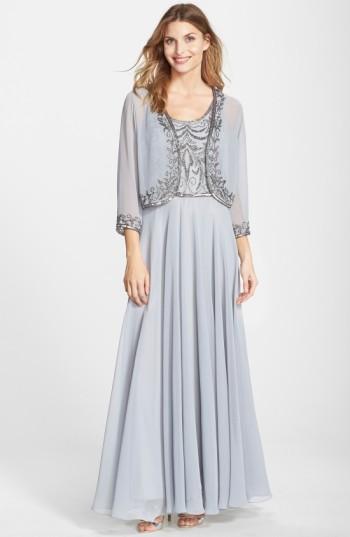 Women's J Kara Beaded Chiffon Gown With Jacket - Metallic