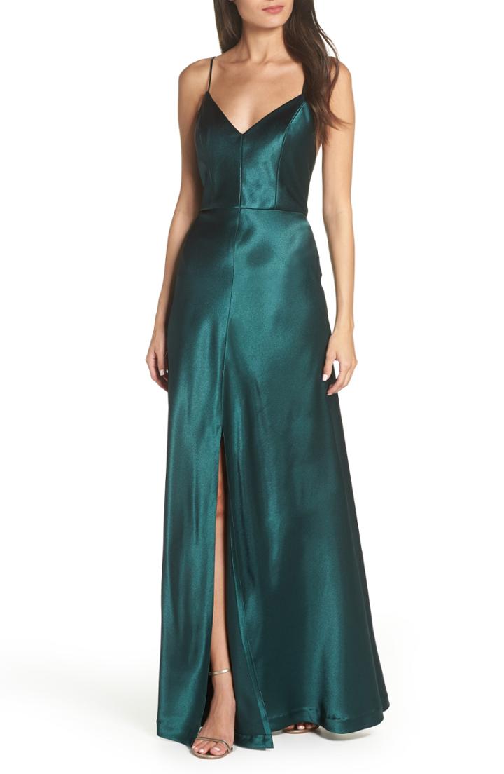 Women's Jenny Yoo Dina V-neck Satin Crepe Gown - Green