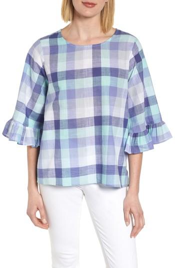 Women's Bobeau Pastel Plaid Ruffle Sleeve Cotton Top - Blue