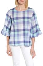 Women's Bobeau Pastel Plaid Ruffle Sleeve Cotton Top - Blue