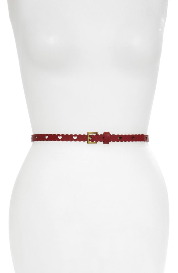 Women's Kate Spade New York Stone Heart Scalloped Calfskin Leather Skinny Belt - Heirloom Red/ Brass