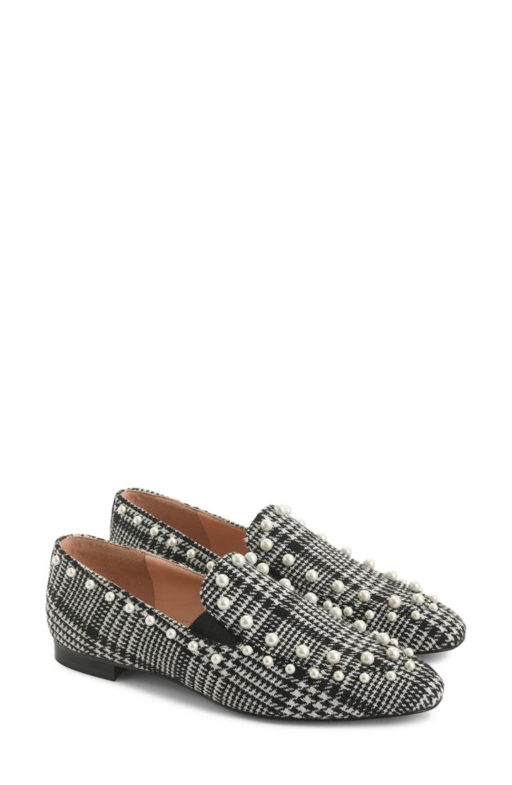 Women's J. Crew Pearl Studded Loafers In Glen Plaid M - Black