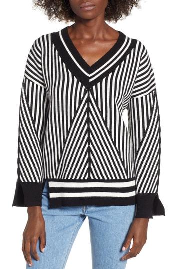 Women's Moon River Asymmetrical Stripe Sweater - Black