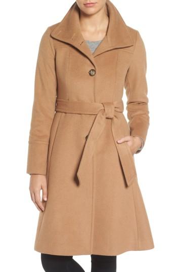 Petite Women's Eliza J Luxe Wool Blend Belted Long A-line Coat P - Beige