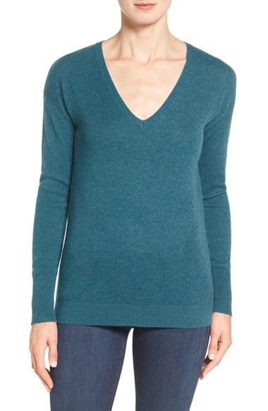 Petite Women's Halogen V-neck Cashmere Sweater P - Blue/green