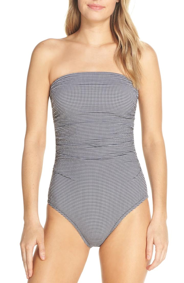 Women's J.crew Gingham Ruched Bandeau One-piece Swimsuit - Black