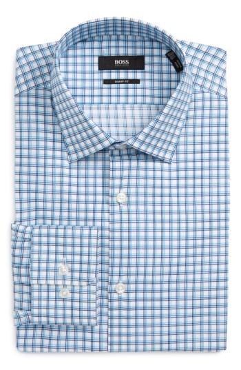 Men's Boss Marley Check Trim Fit Dress Shirt L - Blue
