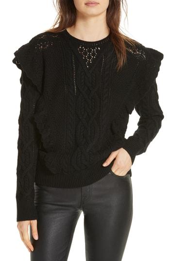 Women's Polo Ralph Lauren Ruffle Detail Wool Cable Sweater - Black
