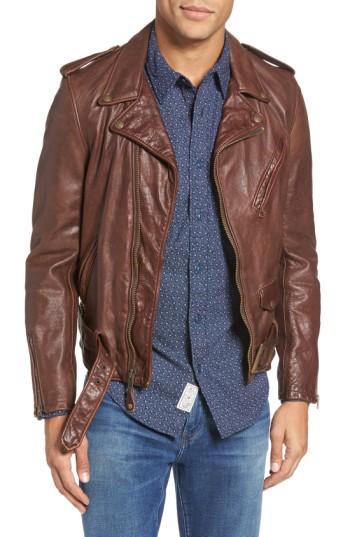 Men's Schott Nyc Hand Vintaged Cowhide Leather Motocycle Jacket - Brown