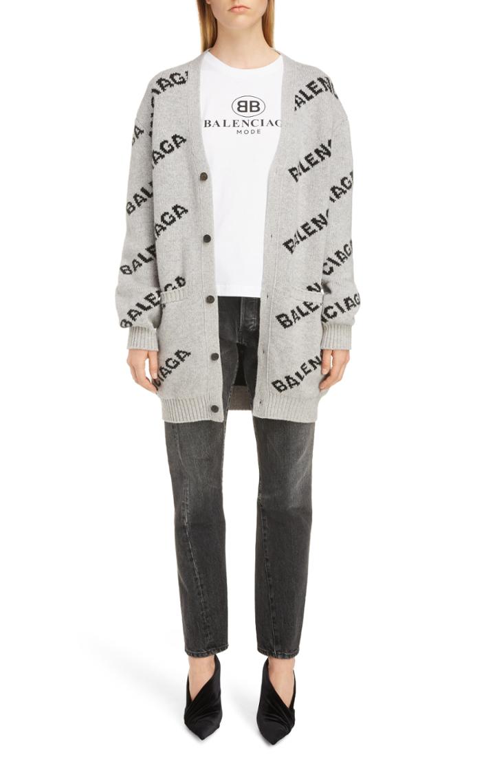 Women's Balenciaga Logo Jacquard Wool Blend Cardigan - Grey