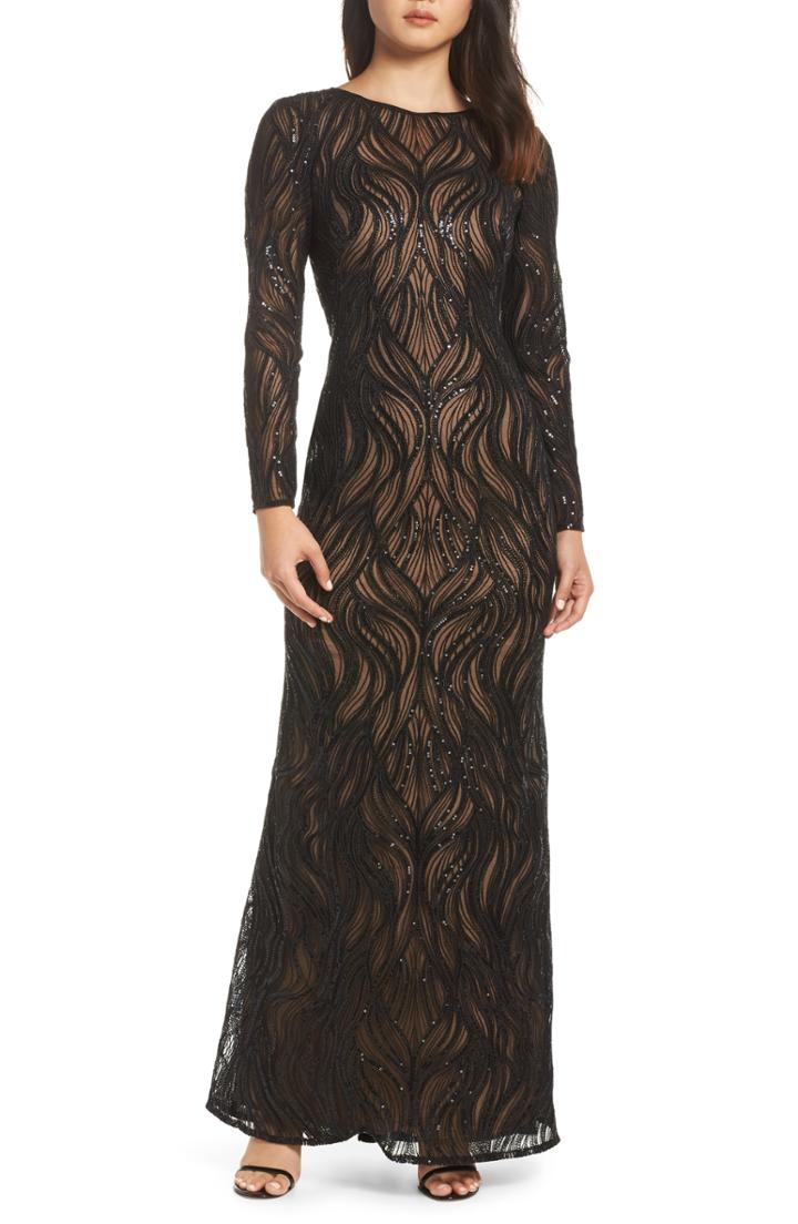 Women's Tadashi Shoji Long Sleeve Sequined Mesh Evening Dress - Black