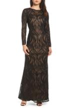 Women's Tadashi Shoji Long Sleeve Sequined Mesh Evening Dress - Black
