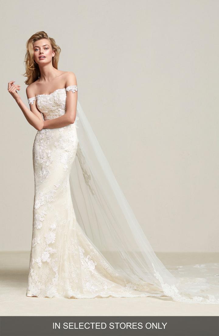 Women's Pronovias Dria Off The Shoulder Mermaid Gown With Detachable Train, Size - Beige