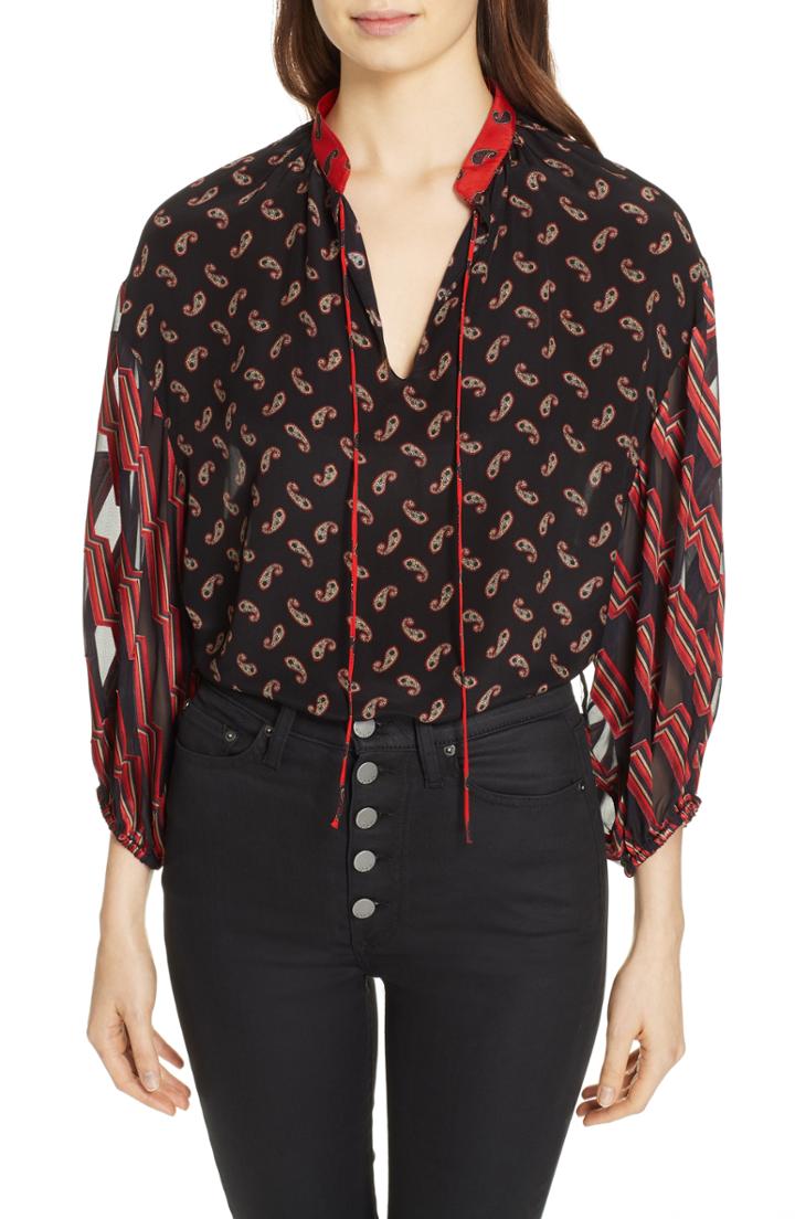 Women's Alice + Olivia Blouson Sleeve Mixed Print Top - Black