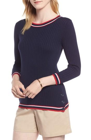 Women's 1901 Tipped Cotton Blend Ribbed Sweater - Blue