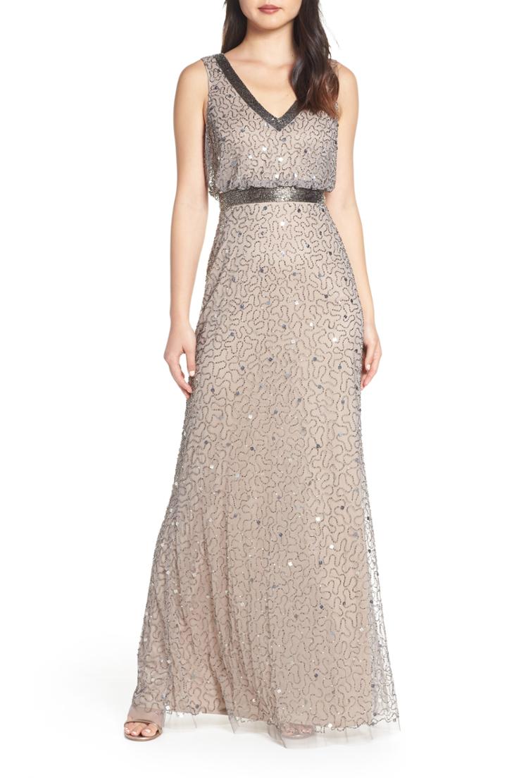 Women's Adrianna Papell Beaded Mesh Evening Dress - Beige