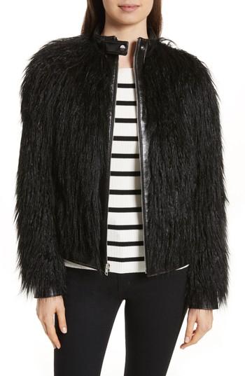 Women's Theory Faux Mongolian Fur Bomber Jacket - Black