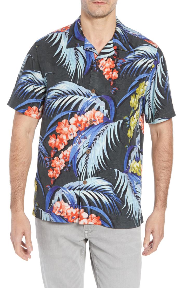 Men's Tommy Bahama Hana Lei Fronds Short Sleeve Silk Sport Shirt - Black