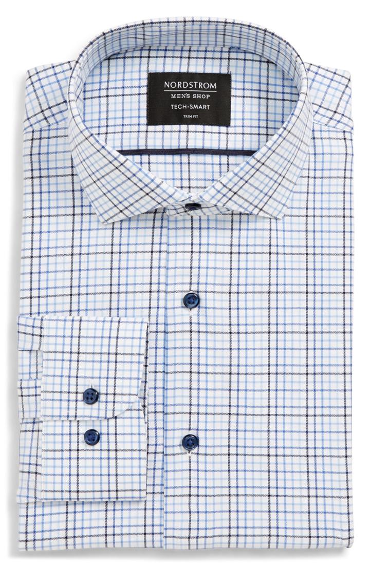 Men's Nordstrom Men's Shop Tech-smart Trim Fit Check Stretch Dress Shirt .5 - 32/33 - Blue