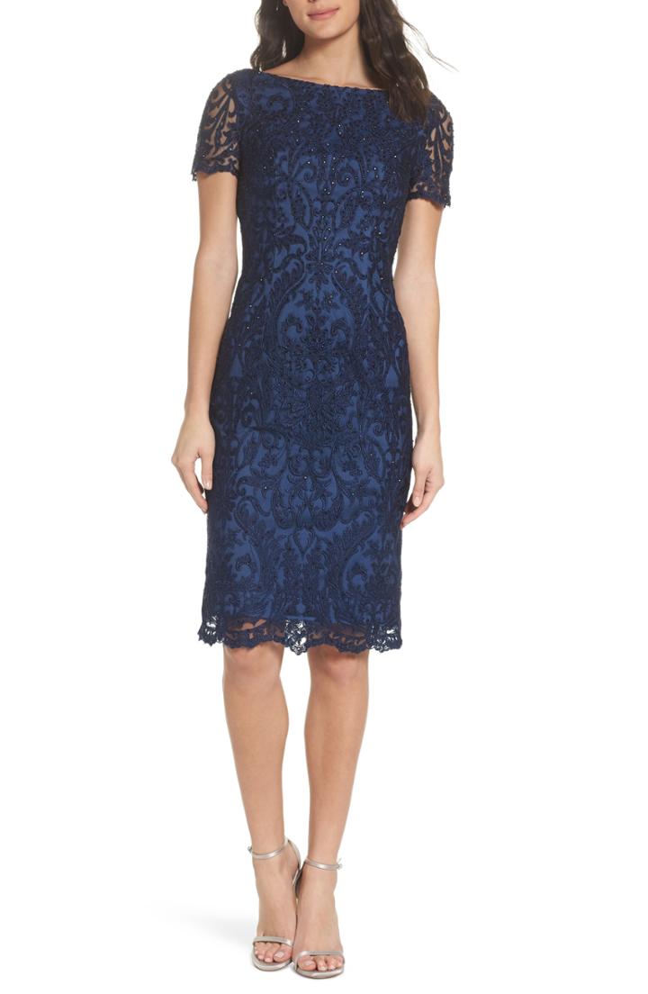 Women's La Femme Beaded Lace Sheath Dress