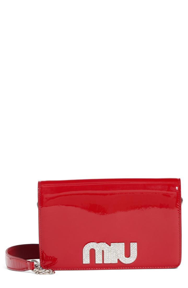 Miu Miu Vernice Crystal Logo Patent Leather Shoulder Bag -
