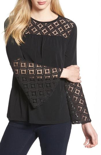 Women's Michael Kors Lace Inset Bell Sleeve Blouse - Black