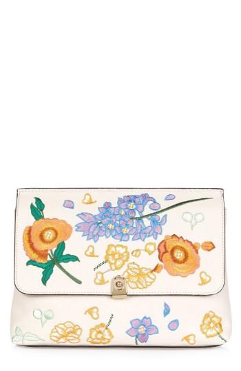Topshop Floral Embroidered Faux Leather Clutch - Beige