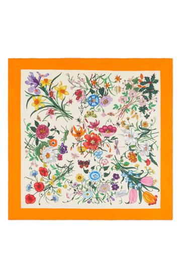 Women's Gucci Gg Flora Fluorescent Border Silk Scarf, Size - Ivory